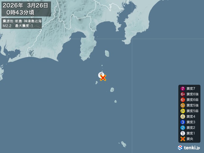 0時43分ごろ、Ｍ２．２　新島・神津島近海 北緯34.3度　東経