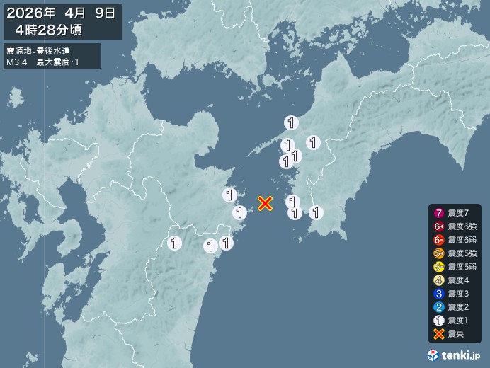4時28分ごろ、Ｍ３．４　豊後水道 北緯33.0度　東経132.