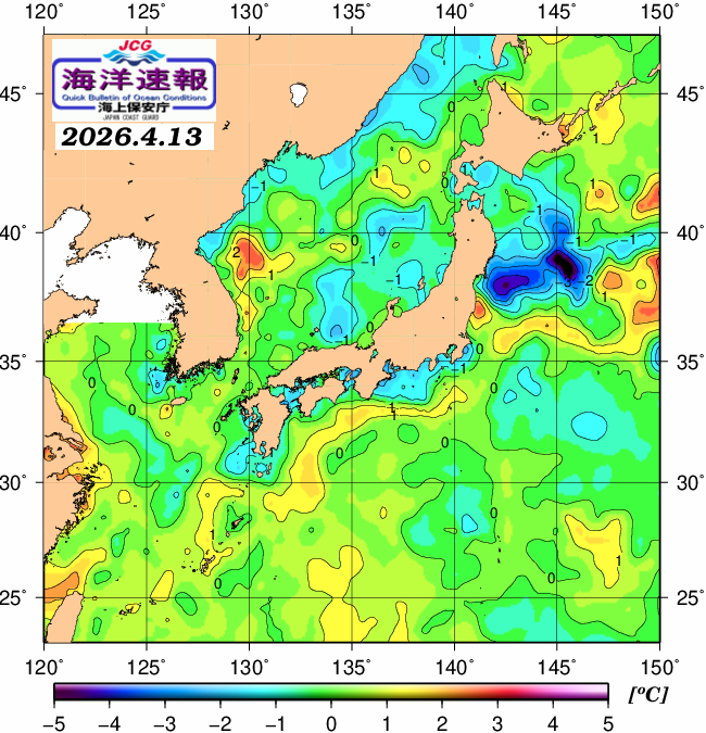 ４月１３日の、海水表面温度（平年比）、 https://www1