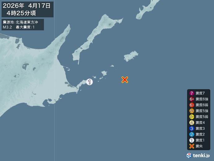 4時25分ごろ、Ｍ３．２　北海道東方沖 北緯43.4度　東経14
