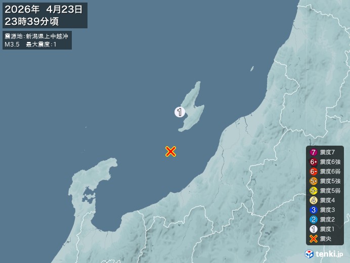 23時39分ごろ、Ｍ３．５　新潟県上中越沖 北緯37.6度　東経