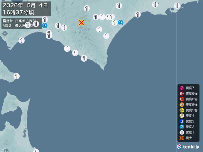 16時37分ごろ、Ｍ３．８　日高地方西部 北緯42.8度　東経1