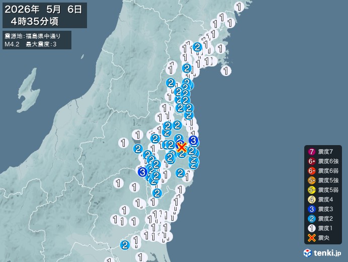 4時35分ごろ、Ｍ４．２　福島県中通 北緯37.4度　東経140
