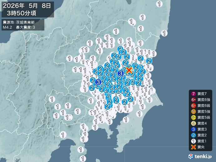 3時50分ごろ、Ｍ４．２　茨城県南部 北緯36.3度　東経140