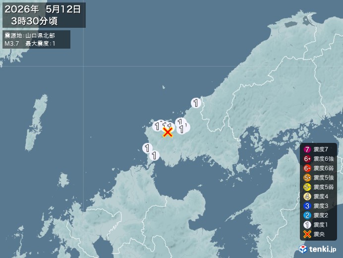 3時30分ごろ、Ｍ３．７　山口県北部 北緯34.3度　東経131