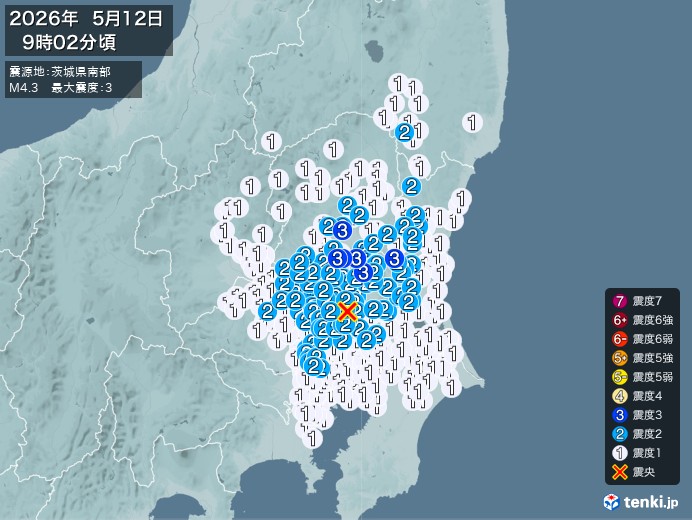 9時2分ごろ、Ｍ４．３　茨城県南部 北緯36.1度　東経139.