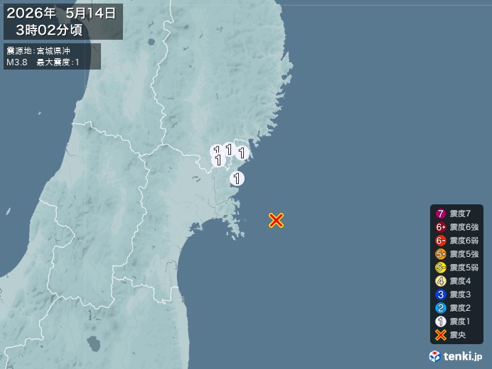 3時2分ごろ、Ｍ３．８　宮城県沖 北緯38.4度　東経141.9