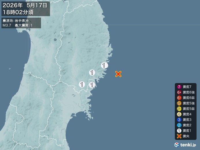 18時2分ごろ、Ｍ３．７　岩手県沖 北緯39.1度　東経142.