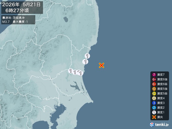 6時27分ごろ、Ｍ３．７　茨城県沖 北緯36.5度　東経141.