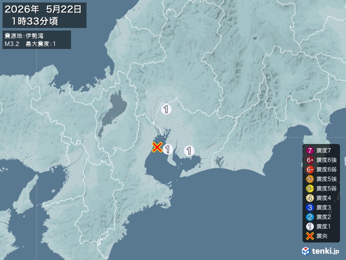 1時33分ごろ、Ｍ３．２　伊勢湾 北緯34.9度　東経136.7