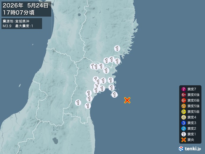 17時7分ごろ、Ｍ３．９　宮城県沖 北緯38.2度　東経141.