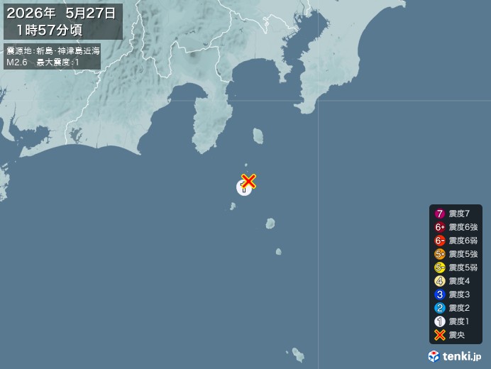 1時57分ごろ、Ｍ２．６　新島・神津島近海 北緯34.4度　東経