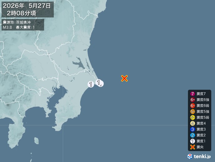 2時8分ごろ、Ｍ３．８　茨城県沖 北緯35.8度　東経141.4