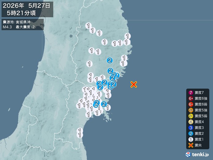 5時21分ごろ、Ｍ４．３　宮城県沖 北緯38.9度　東経142.