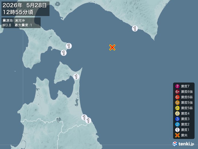 12時55分ごろ、Ｍ３．８　浦河沖 北緯41.8度　東経142.