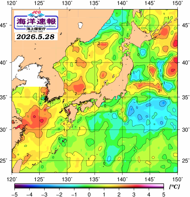 ５月２８日の、海水表面温度（平年比）、 https://www1