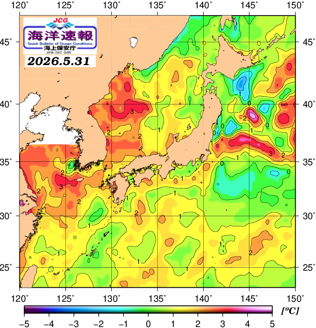 ５月３１日の、海水表面温度（平年比）、 https://www1