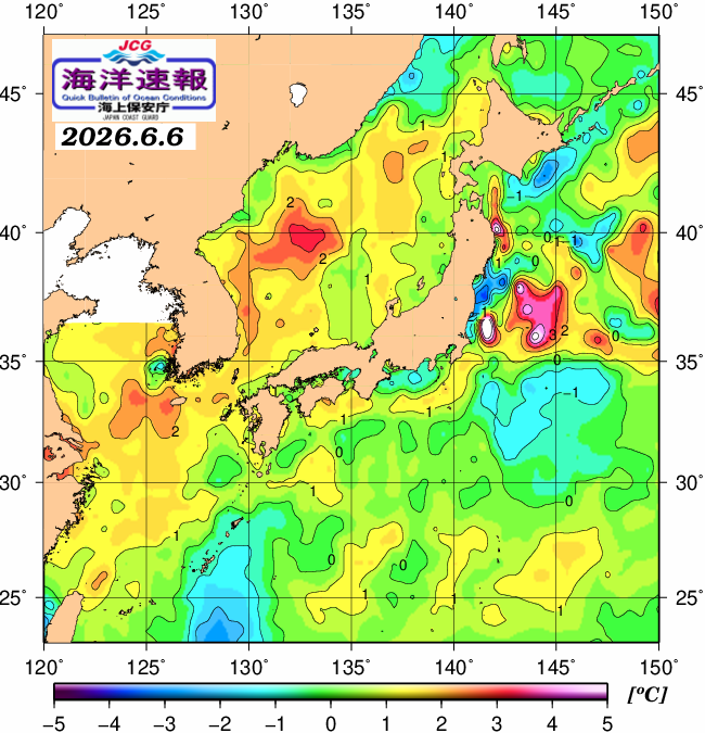 ６月６日の、海水表面温度（平年比）、 https://www1.