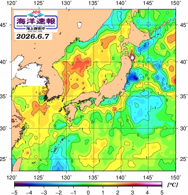 ６月７日の、海水表面温度（平年比）、 https://www1.