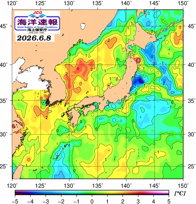 ６月８日の、海水表面温度（平年比）、 https://www1.