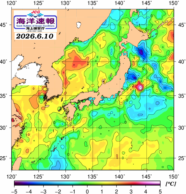 ６月１０日の、海水表面温度（平年比）、 https://www1