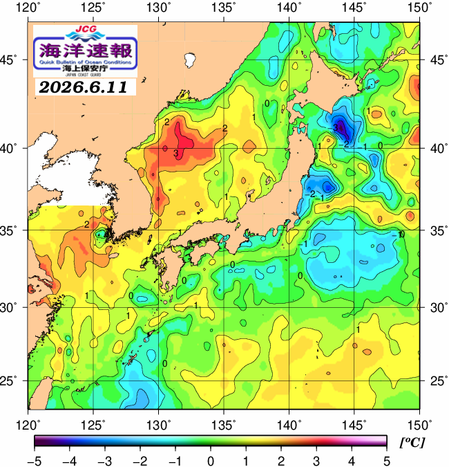 ６月１１日の、海水表面温度（平年比）、 https://www1
