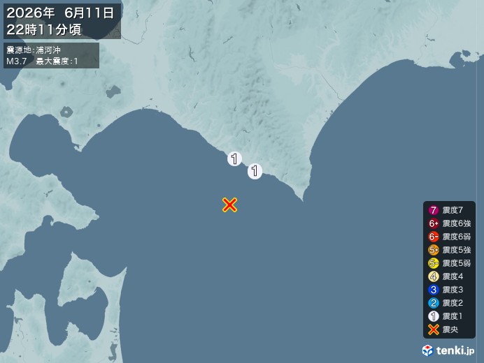 22時11分ごろ、Ｍ３．７　浦河沖 北緯41.9度　東経142.
