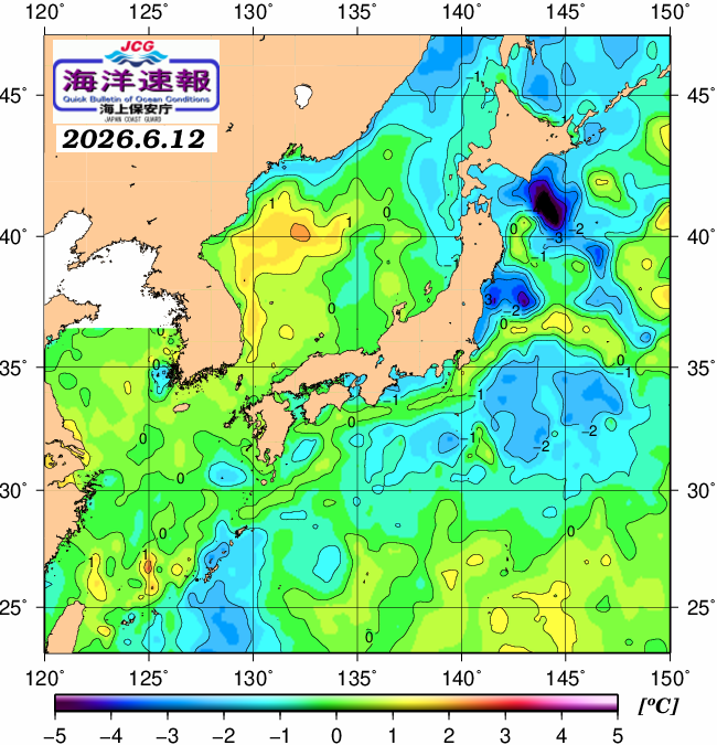 ６月１２日の、海水表面温度（平年比）、 https://www1