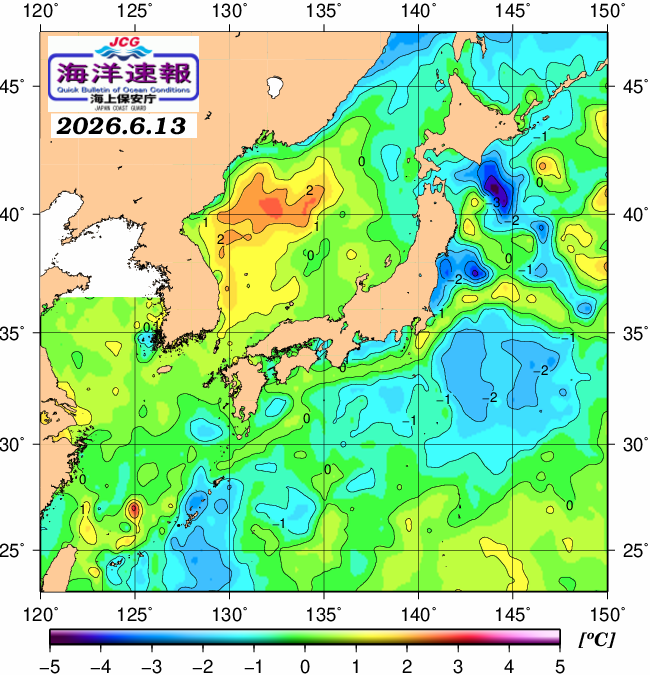 ６月１３日の、海水表面温度（平年比）、 https://www1