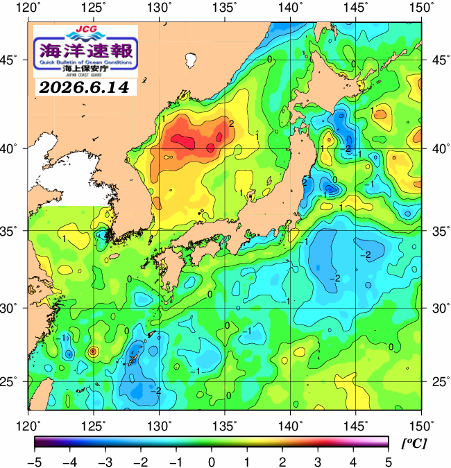 ６月１４日の、海水表面温度（平年比）、 https://www1