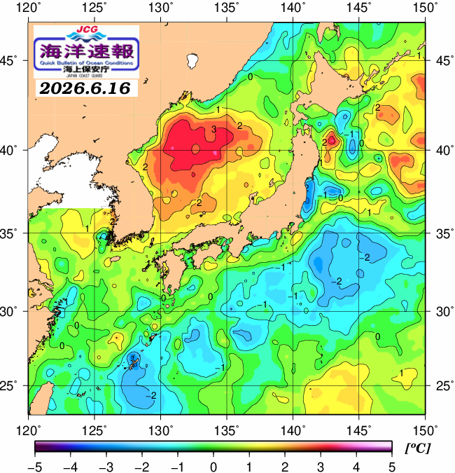 ６月１６日の、海水表面温度（平年比）、 https://www1