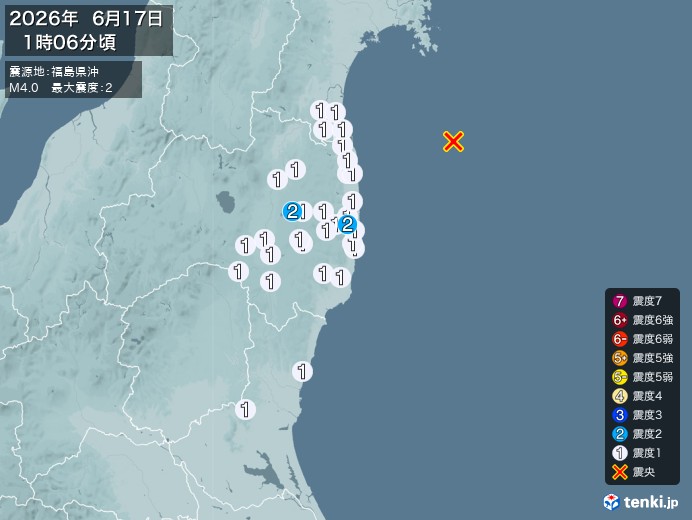 1時6分ごろ、Ｍ４．０　福島県沖 北緯37.8度　東経141.7