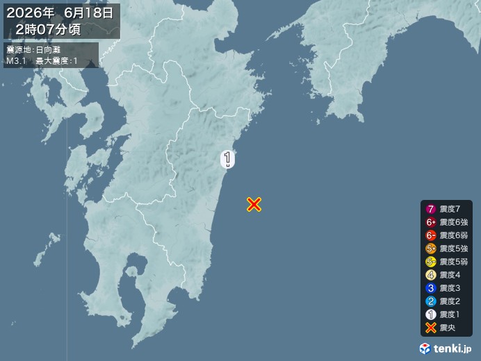 2時7分ごろ、Ｍ３．１　日向灘 北緯32.1度　東経131.9度