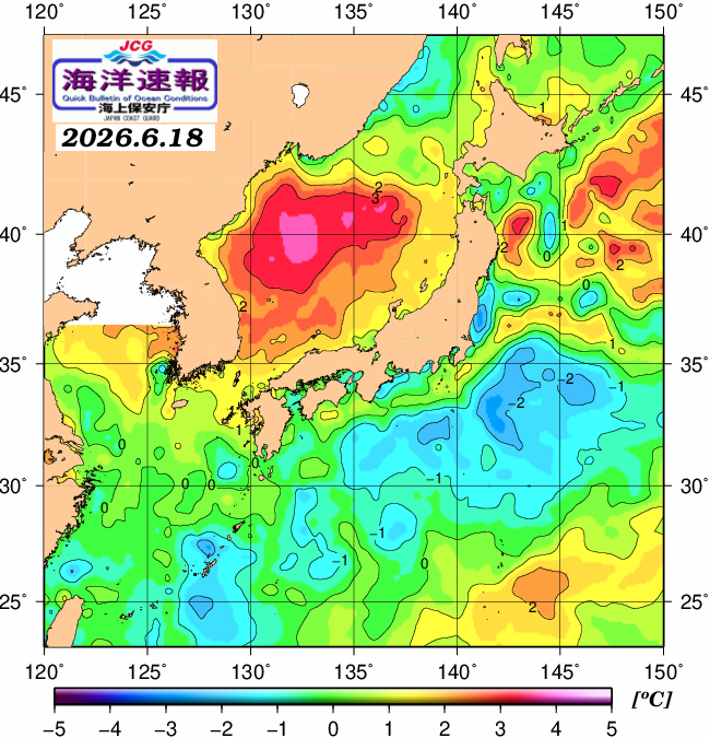 ６月１８日の、海水表面温度（平年比）、 https://www1