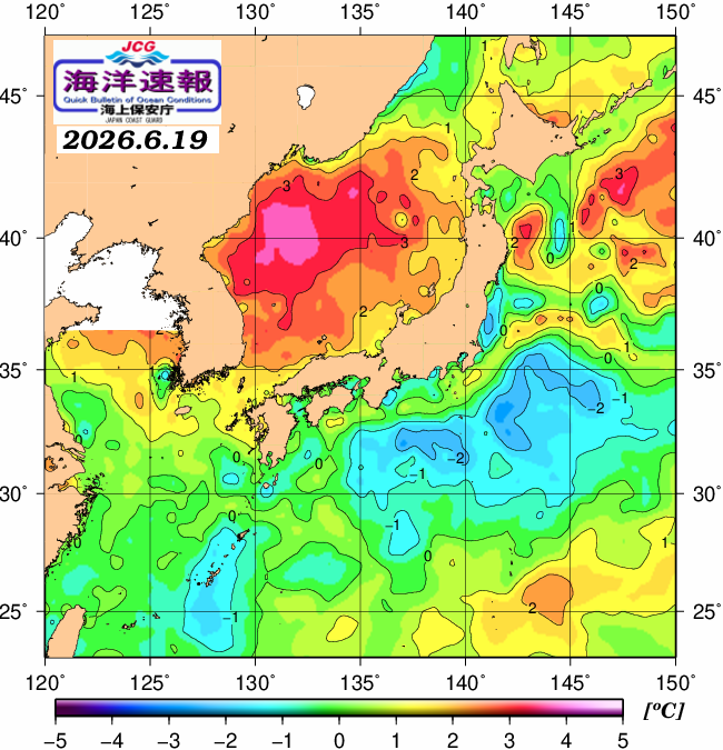 ６月１９日の、海水表面温度（平年比）、 https://www1