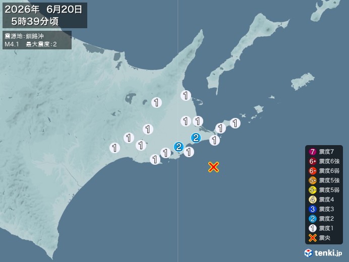 5時39分ごろ、Ｍ４．１　釧路沖 北緯42.9度　東経145.5