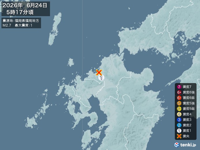 5時17分ごろ、Ｍ２．７　福岡県福岡地方 北緯33.6度　東経1