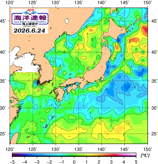 ６月２４日の、海水表面温度（平年比）、 https://www1