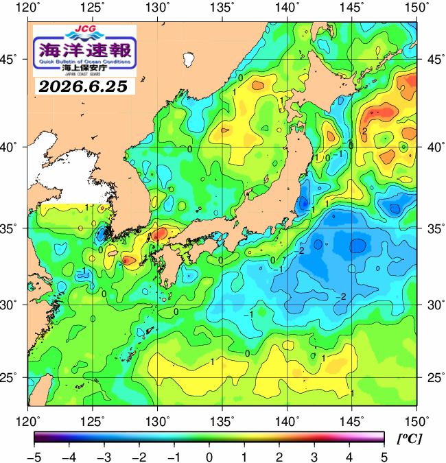 ６月２５日の、海水表面温度（平年比）、 https://www1