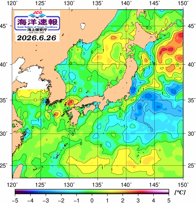 ６月２６日の、海水表面温度（平年比）、 https://www1