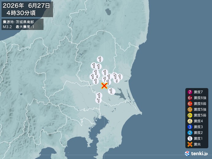 4時30分ごろ、Ｍ３．２　茨城県南部 北緯36.2度　東経140