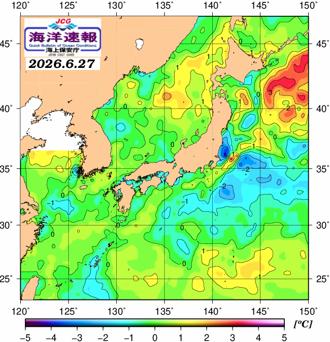 ６月２７日の、海水表面温度（平年比）、 https://www1