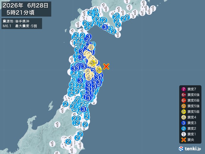 5時21分ごろ、Ｍ６．１　岩手県沖 北緯40.2度　東経142.