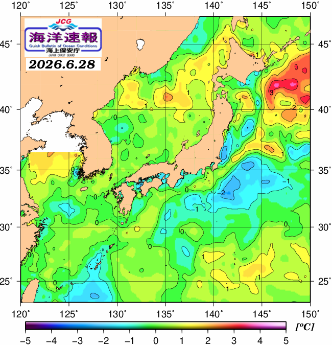 ６月２８日の、海水表面温度（平年比）、 https://www1