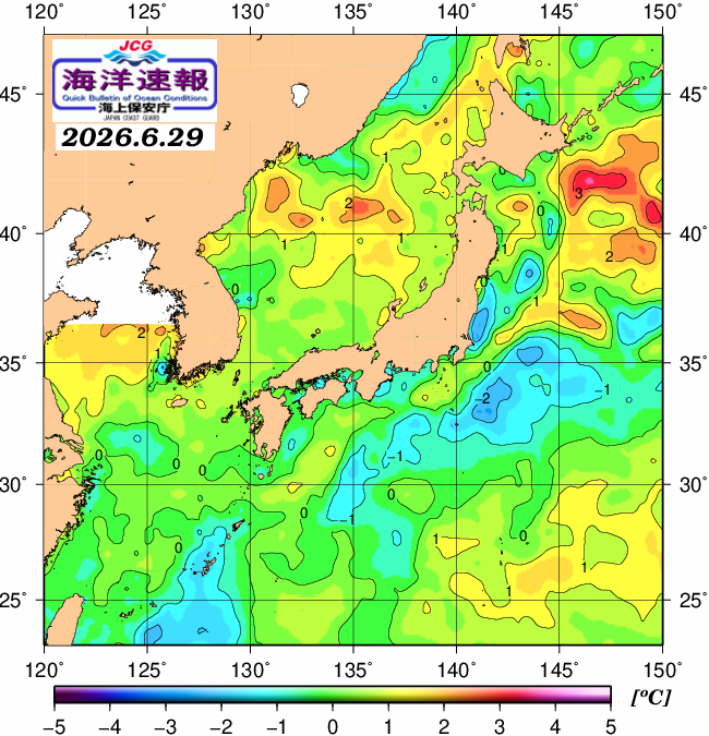 ６月２９日の、海水表面温度（平年比）、 https://www1