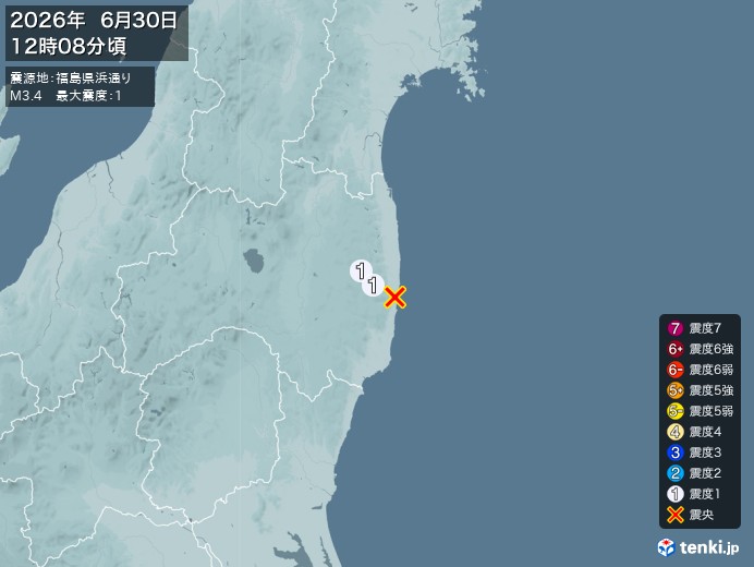 12時8分ごろ、Ｍ３．４　福島県浜通り 北緯37.3度　東経14