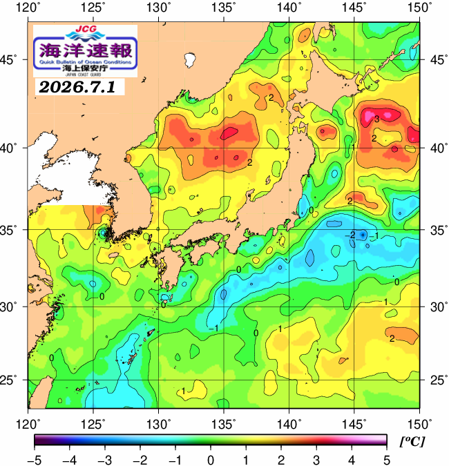 ７月１日の、海水表面温度（平年比）、 https://www1.