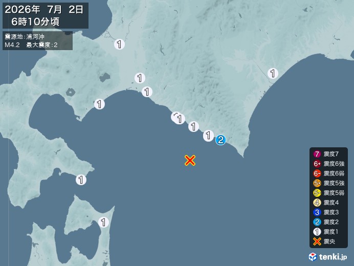 6時10分ごろ、Ｍ４．２　浦河沖 北緯41.9度　東経142.5