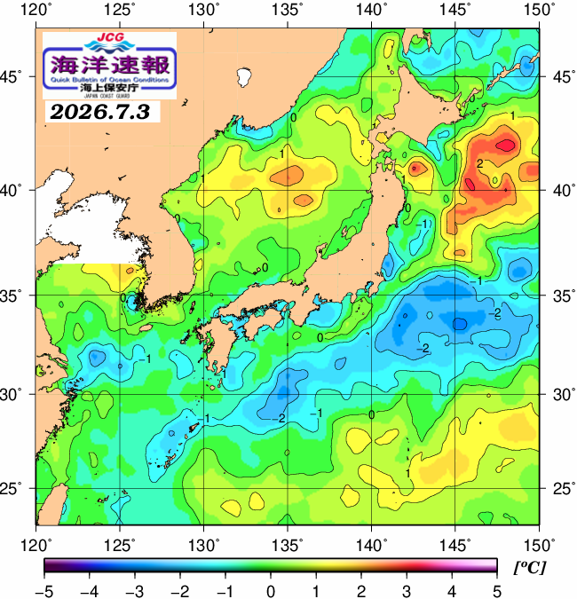７月３日の、海水表面温度（平年比）、 https://www1.