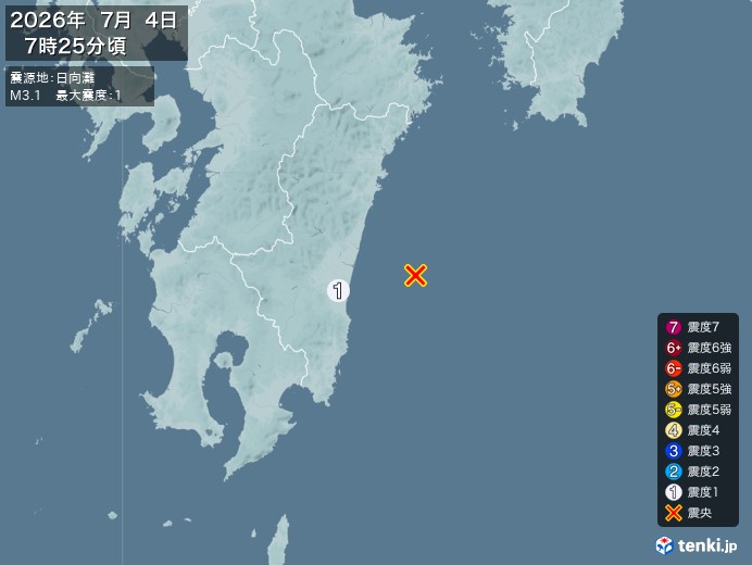 7時25分ごろ、Ｍ３．１　日向灘 北緯32.0度　東経131.9